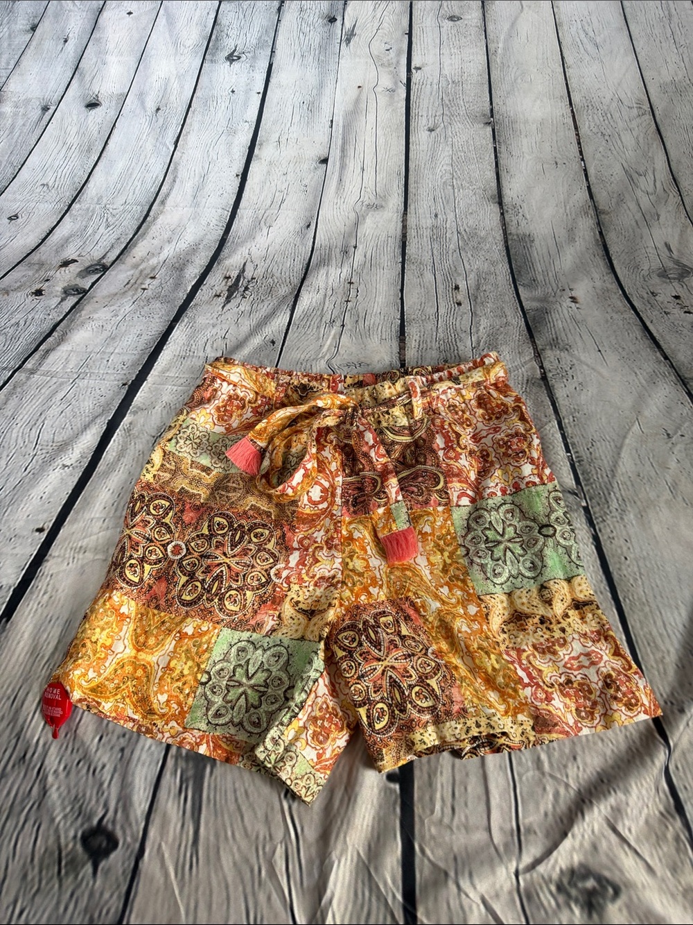 Johnny Was Patchwork Print Drawstring Shorts - Gold, Green, Coral